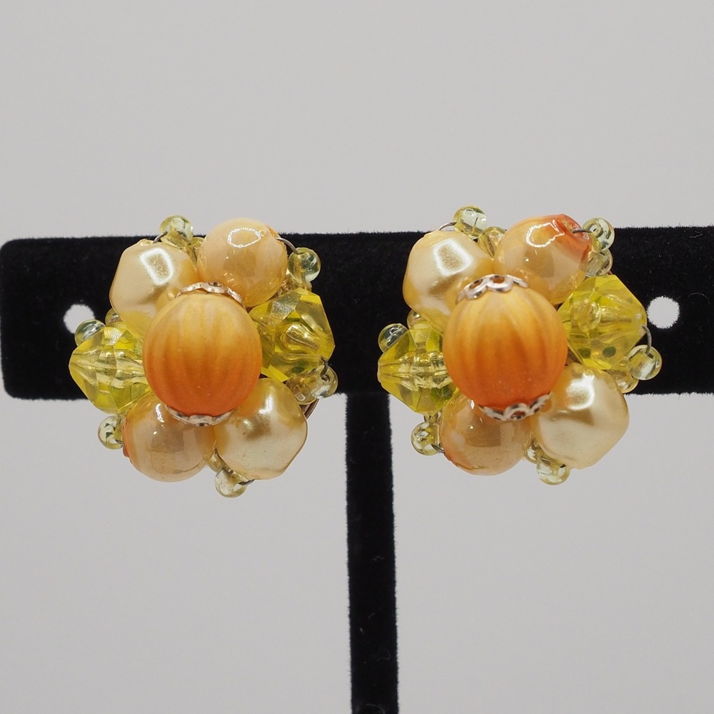 Vintage Clip On Earrings Orange Yellow Cluster Bead Faceted Mid Century